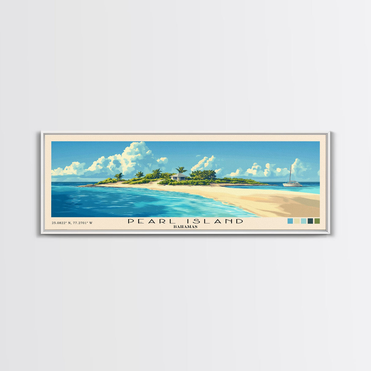 Pearl Island, Bahamas Panoramic Print, Vacation Gift, Bahamas Wall Art, Beach Painting, Beach Decor, Large Wall Art, Wood Frame Art