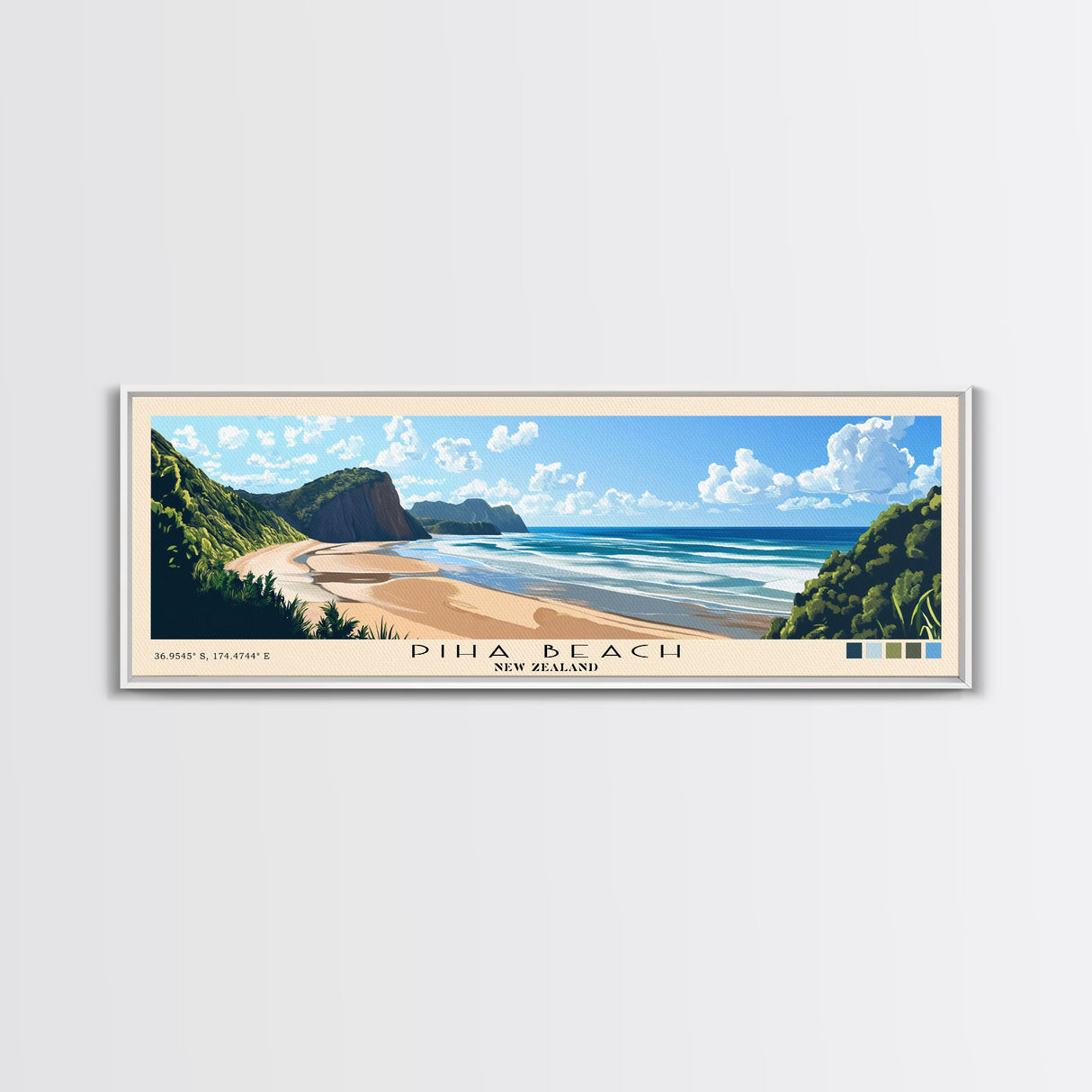 Piha Beach, New Zealand Panoramic Print, Vacation Gift, New Zealand Wall Art, Beach Painting, Beach Decor, Beach Or Lakehouse Art