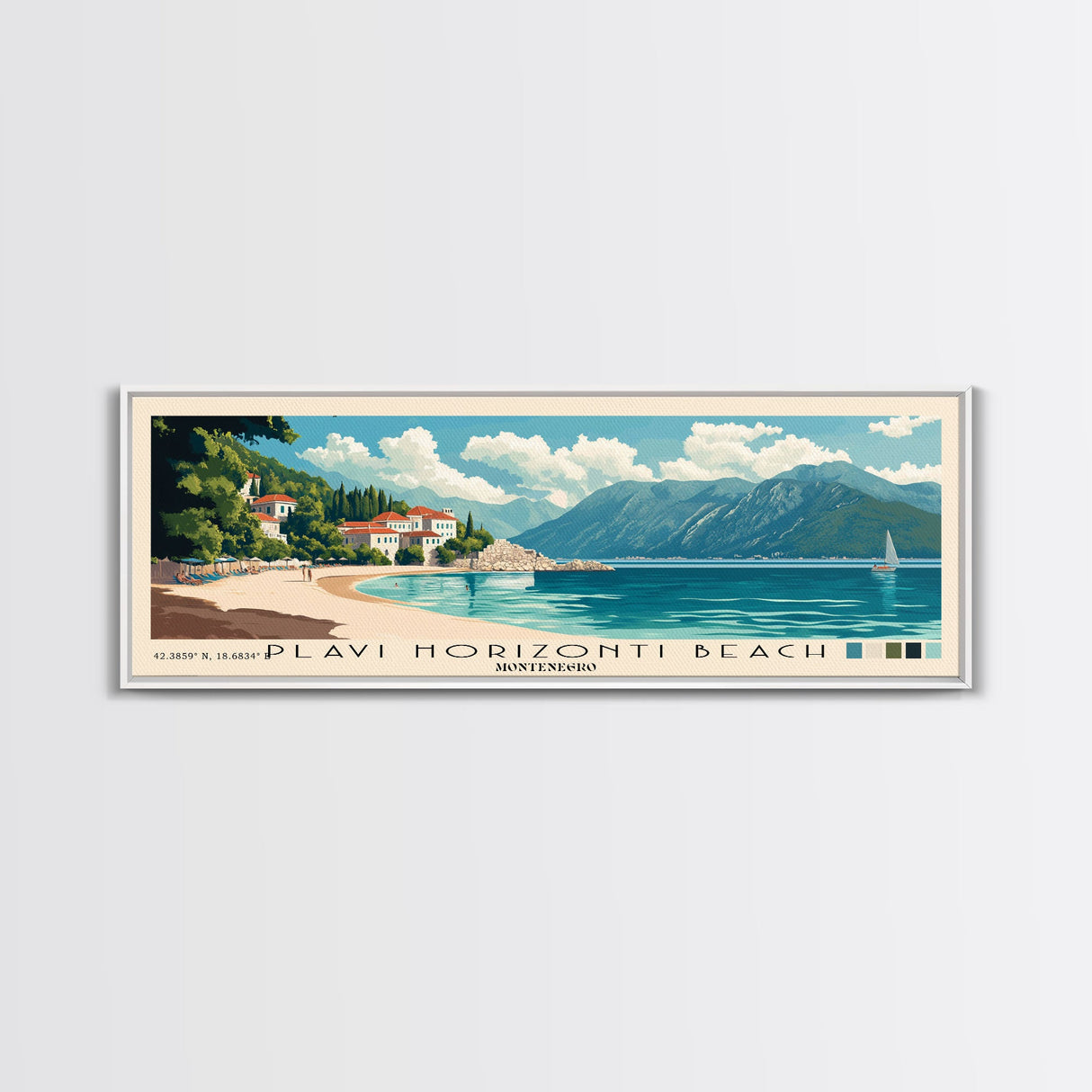 Plavi Horizonti Beach, Montenegro Panoramic Print, Vacation Gift, Montenegro Wall Art, Beach Painting, Beach Decor, Large Wall Art, Wood Frame Art