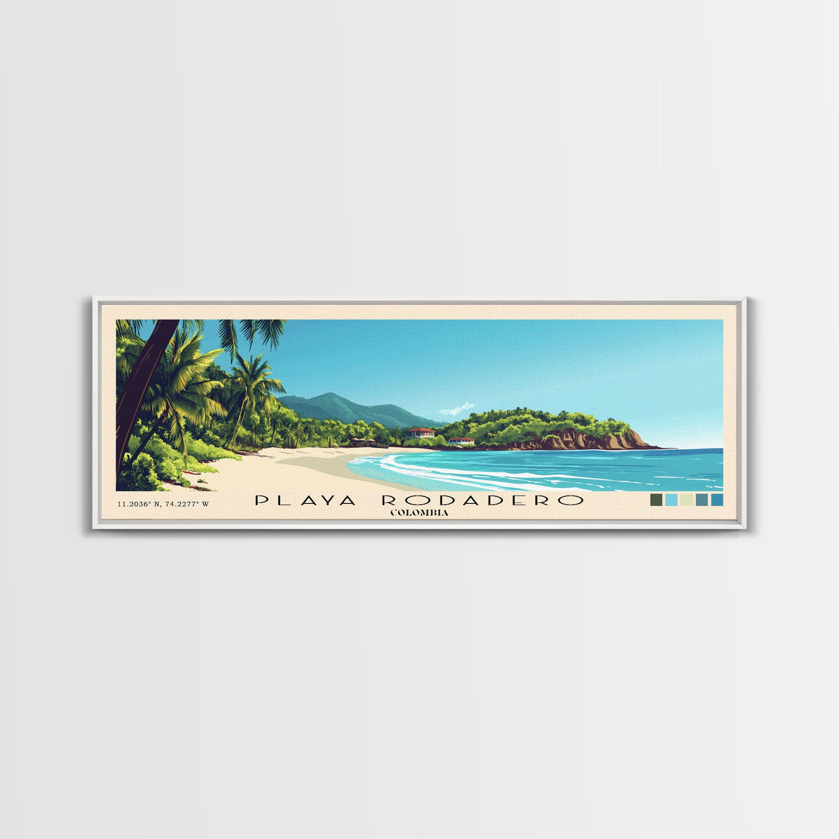 Playa Rodadero, Colombia Panoramic Beach Print, Vacation Gift, Colombia Wall Art, Framed Canvas Print, Framed Beach Painting