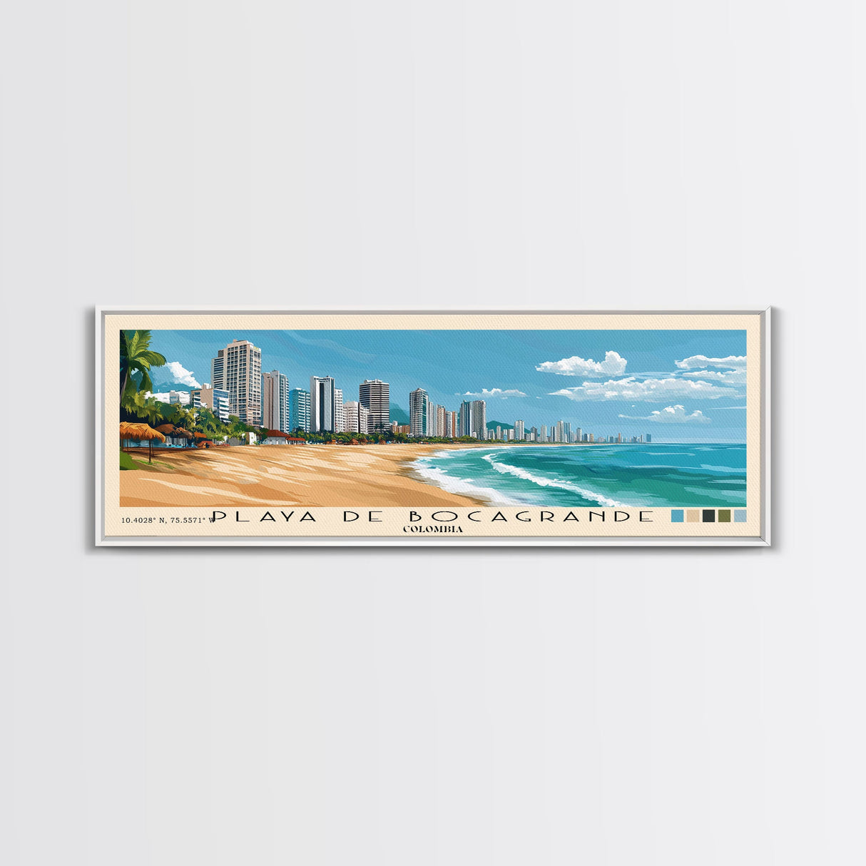 Playa de Bocagrande, Colombia Panoramic Beach Print, Vacation Gift, Colombia Wall Art, Framed Canvas Print, Framed Beach Painting