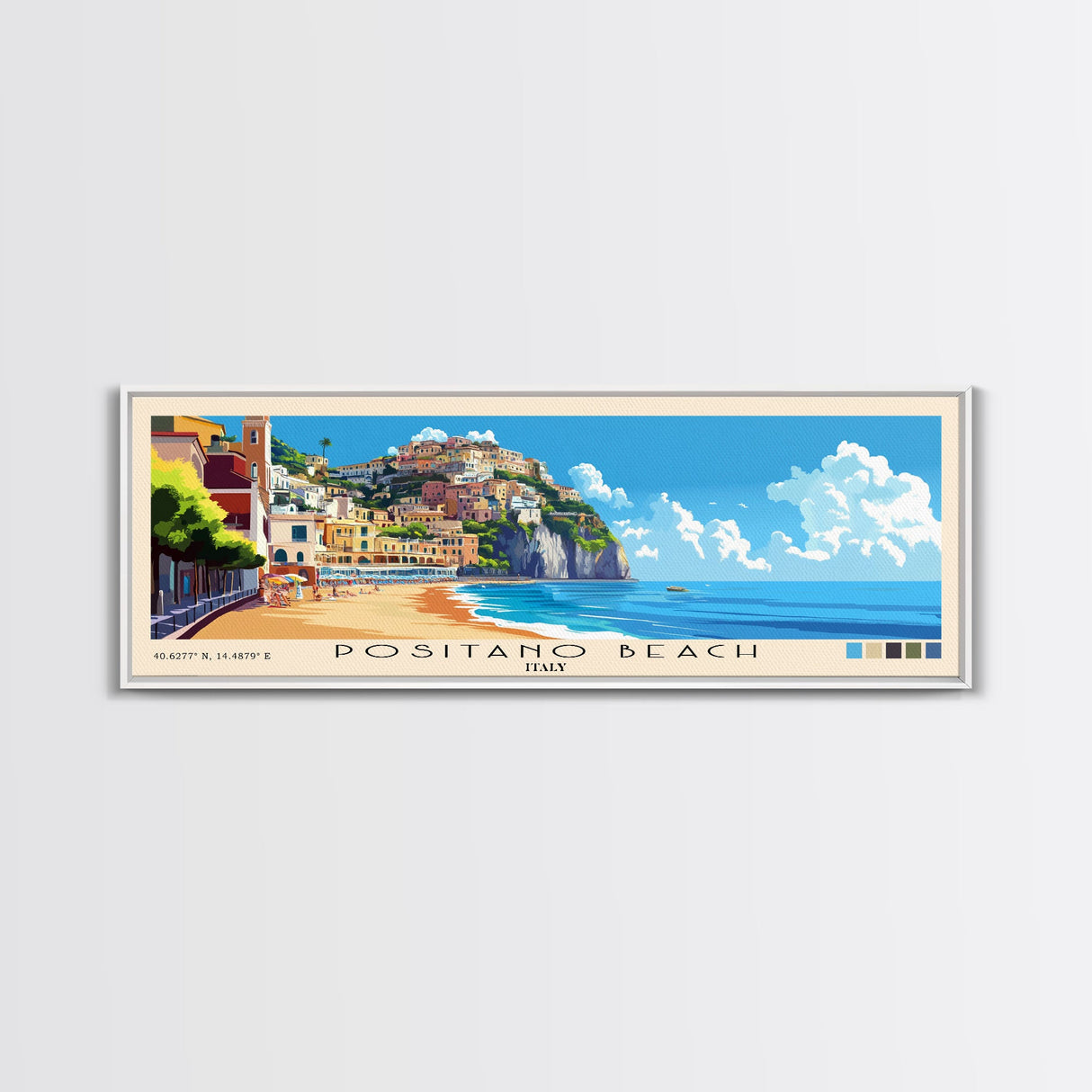 Positano Beach, Italy Panoramic Print, Vacation Gift, Italy Wall Art, Beach Painting, Beach Decor, Beach Or Lakehouse Art