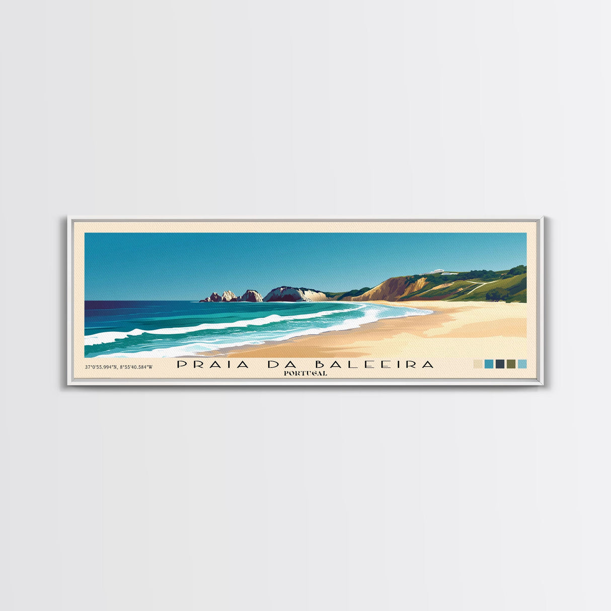 Praia da Baleeira, Portugal Panoramic Beach Print, Vacation Gift, Portugal Wall Art, Framed Canvas Print, Framed Beach Painting