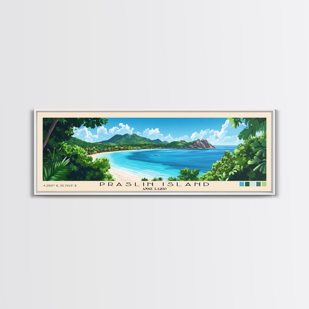 Praslin Island, Anse Lazio Panoramic Beach Print, Vacation Gift, Anse Lazio Wall Art, Framed Canvas Print, Framed Beach Painting