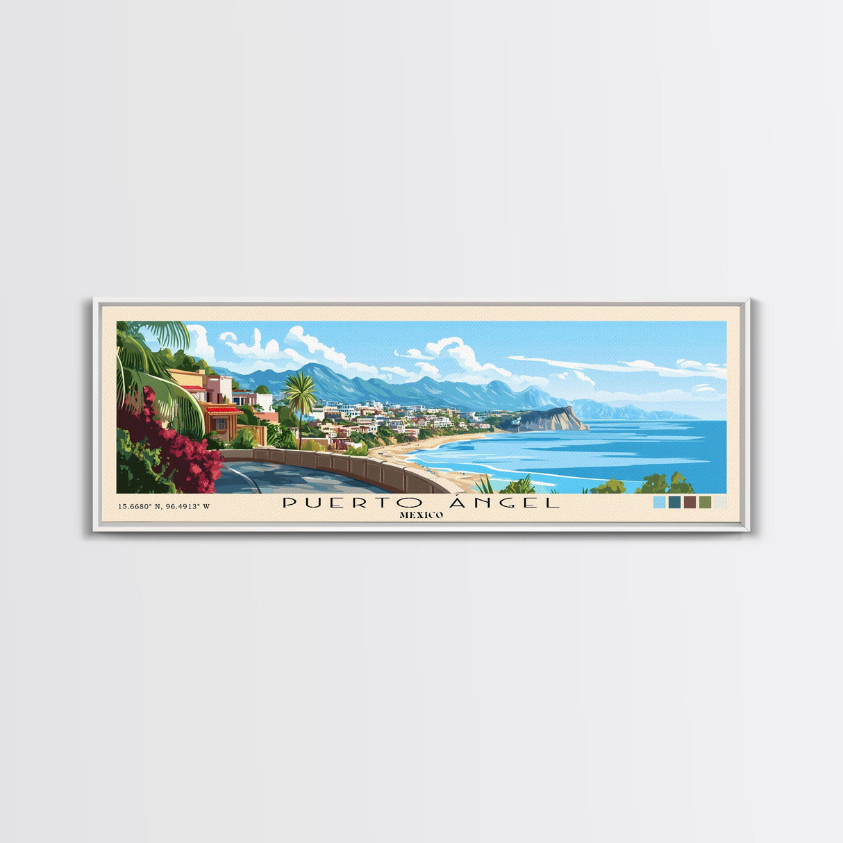 Puerto Ángel, Mexico Panoramic Beach Print, Vacation Gift, Mexico Wall Art, Framed Canvas Print, Framed Beach Painting