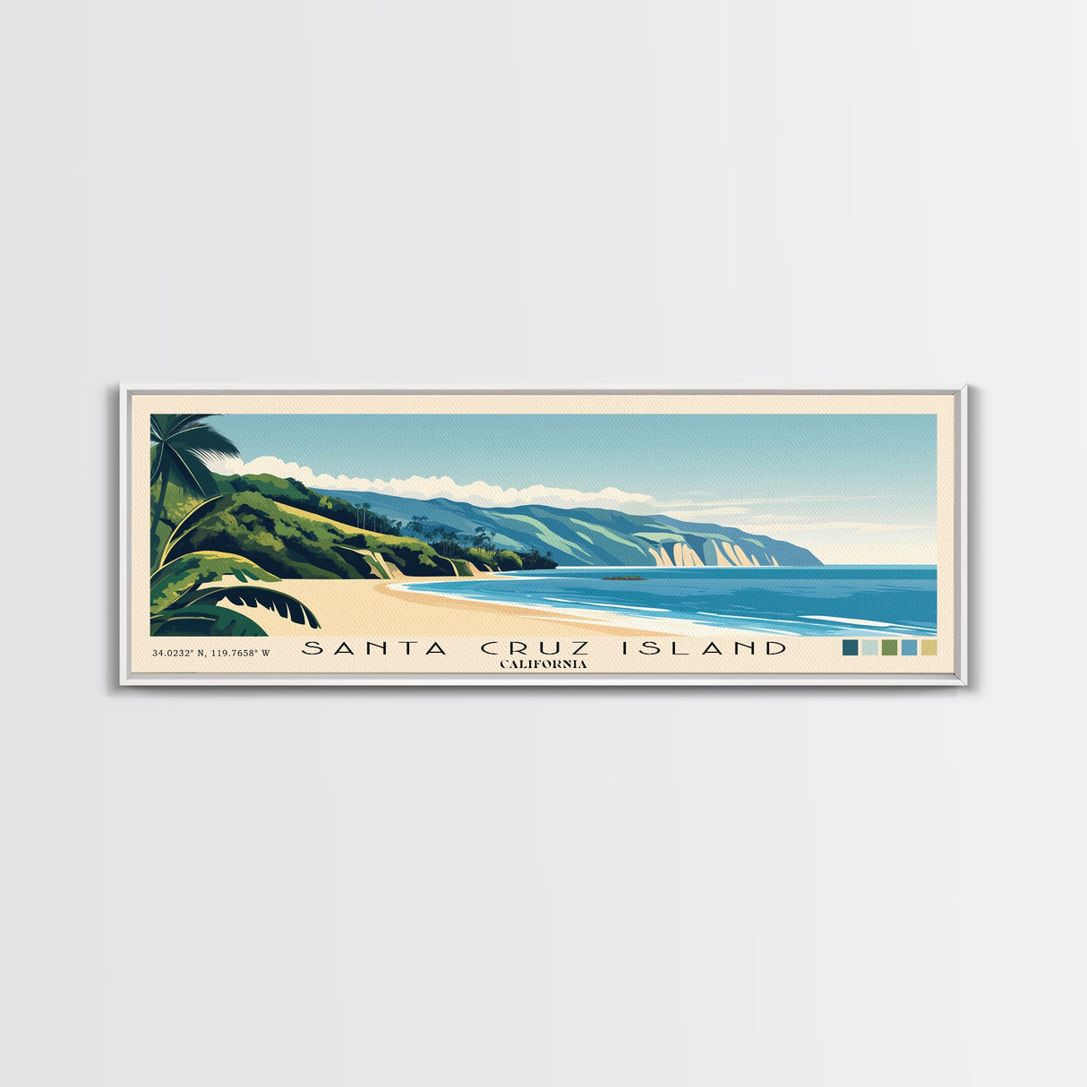 Santa Cruz Island, California Panoramic Beach Print, Vacation Gift, California Wall Art, Framed Canvas Print, Framed Beach Painting