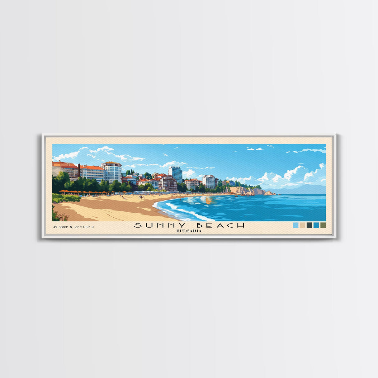 Sunny Beach, Bulgaria Panoramic Print, Vacation Gift, Bulgaria Wall Art, Beach Painting, Beach Decor, Beach Or Lakehouse Art