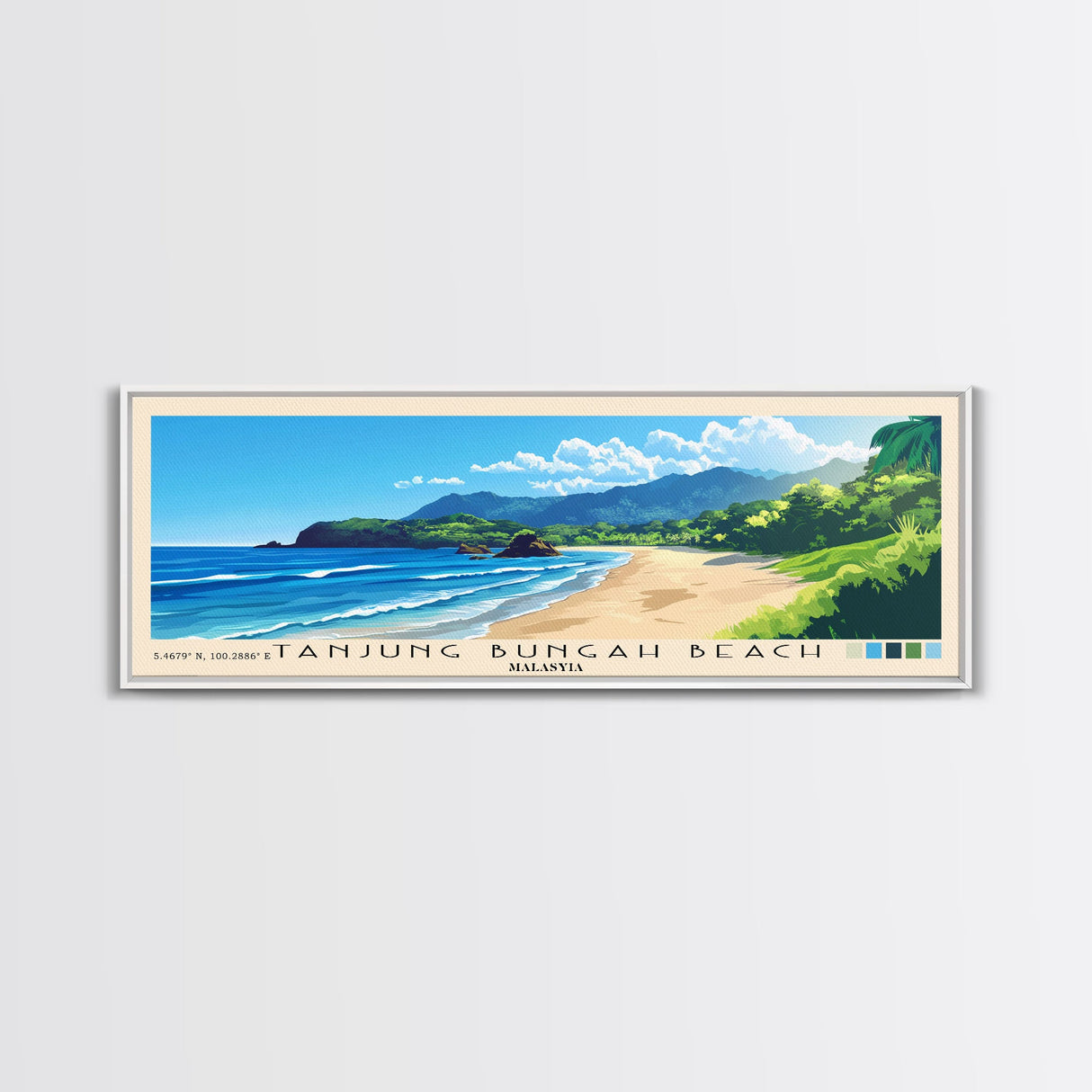 Tanjung Bungah Beach, Malasyia Panoramic Print, Vacation Gift, Malasyia Wall Art, Beach Painting, Beach Decor, Beach Or Lakehouse Art