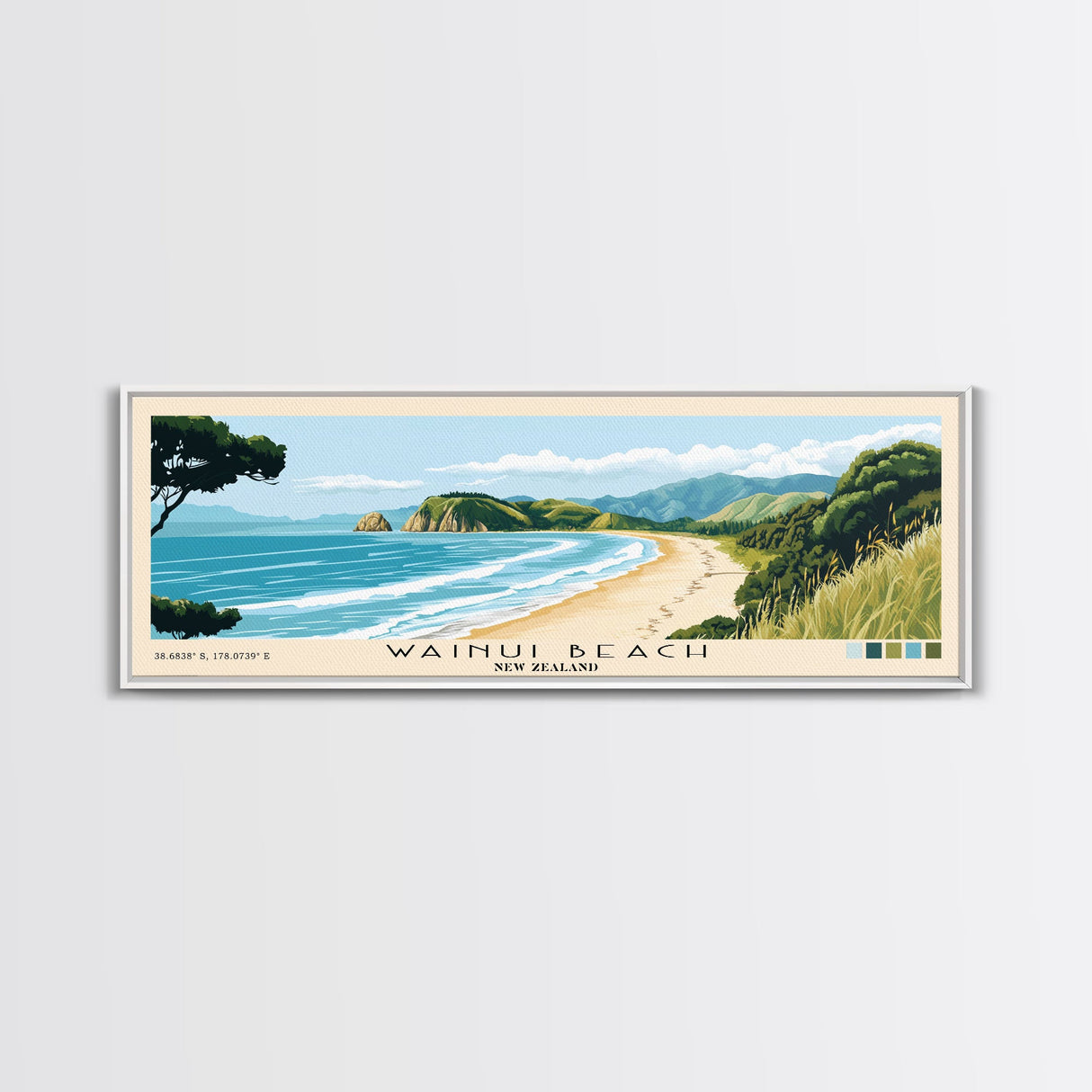 Wainui Beach, New Zealand Panoramic Beach Print, Vacation Gift, New Zealand Wall Art, Framed Canvas Print, Framed Beach Painting