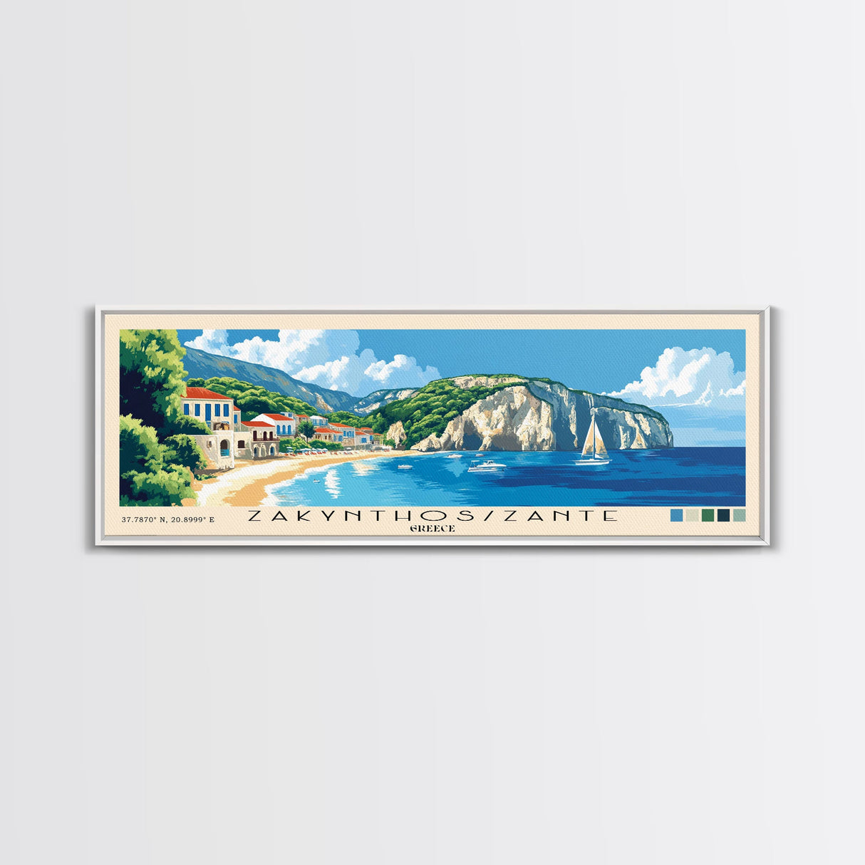 Zakynthos/Zante, Greece Panoramic Beach Print, Vacation Gift, Greece Wall Art, Framed Canvas Print, Framed Beach Painting