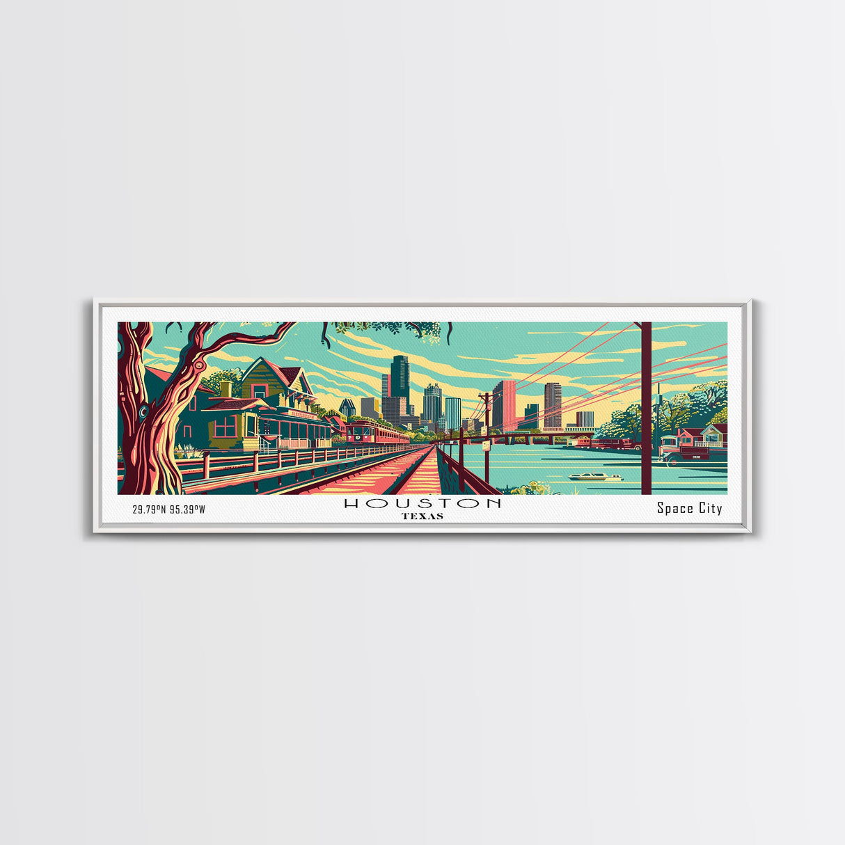 Houston Texas Panoramic Travel Poster Framed Canvas Print, Mid Century Modern Art, Pop Art Style, Wall Art, Living Room Decor, Home Decor, Retro Style Art