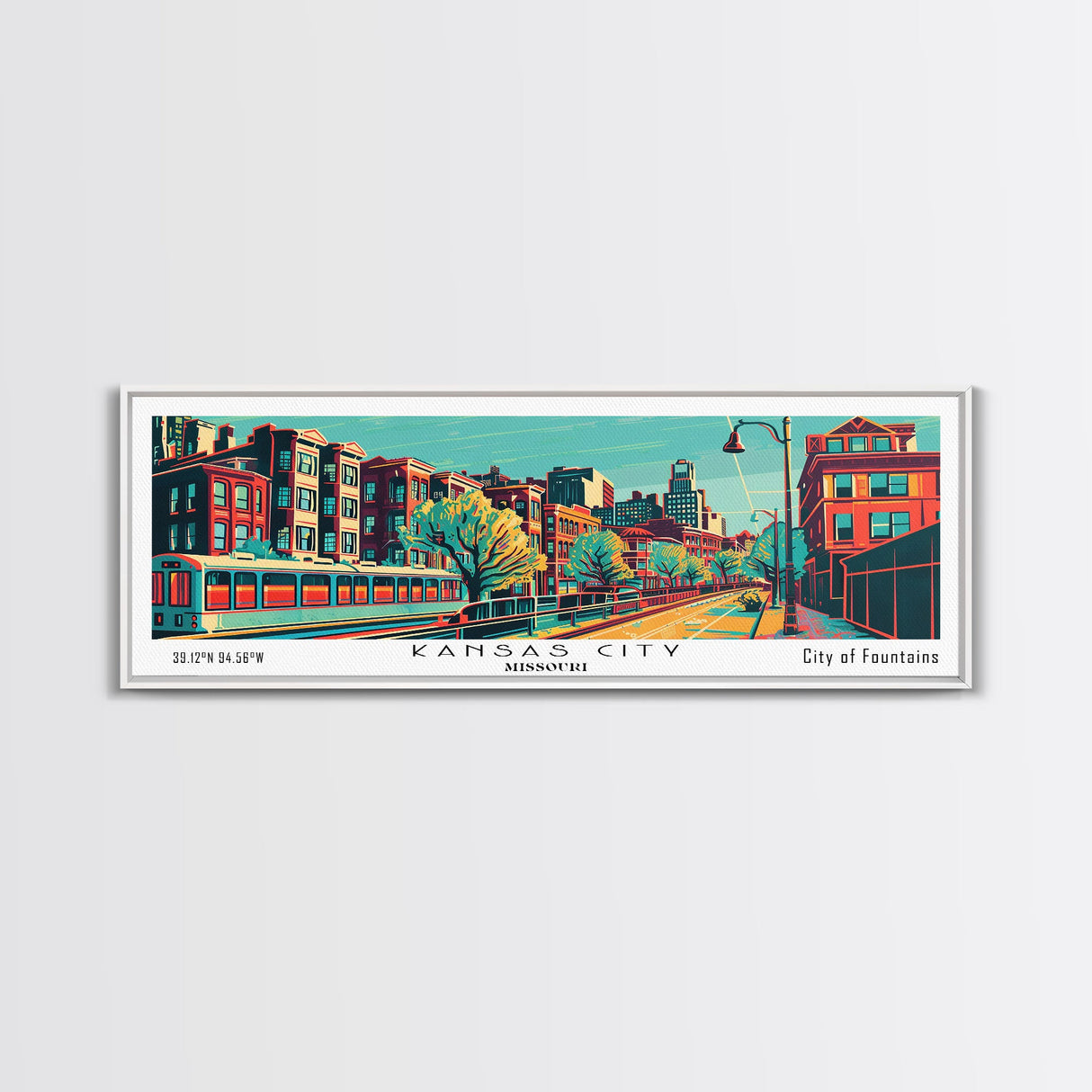 Kansas City Missouri Panoramic Travel Poster Framed Canvas Print, Mid Century Modern Art, Pop Art Style, Wall Art, Wall Decor, Home Decor, Retro Style Art