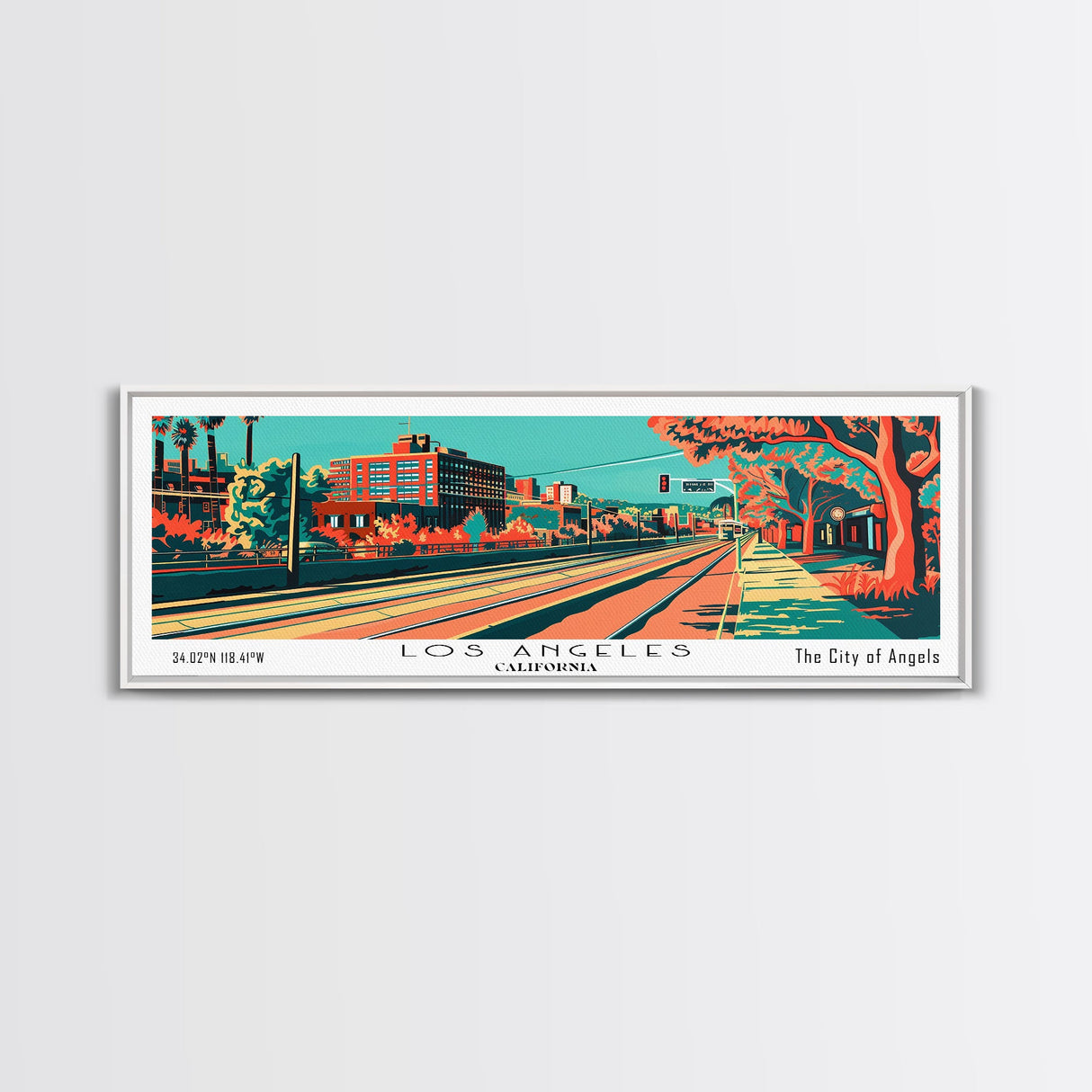 Los Angeles California Panoramic Wall Art Framed Canvas Print, Travel Poster, Mid Century Modern Art, Pop Art Style, Home Decor, Living Room Art