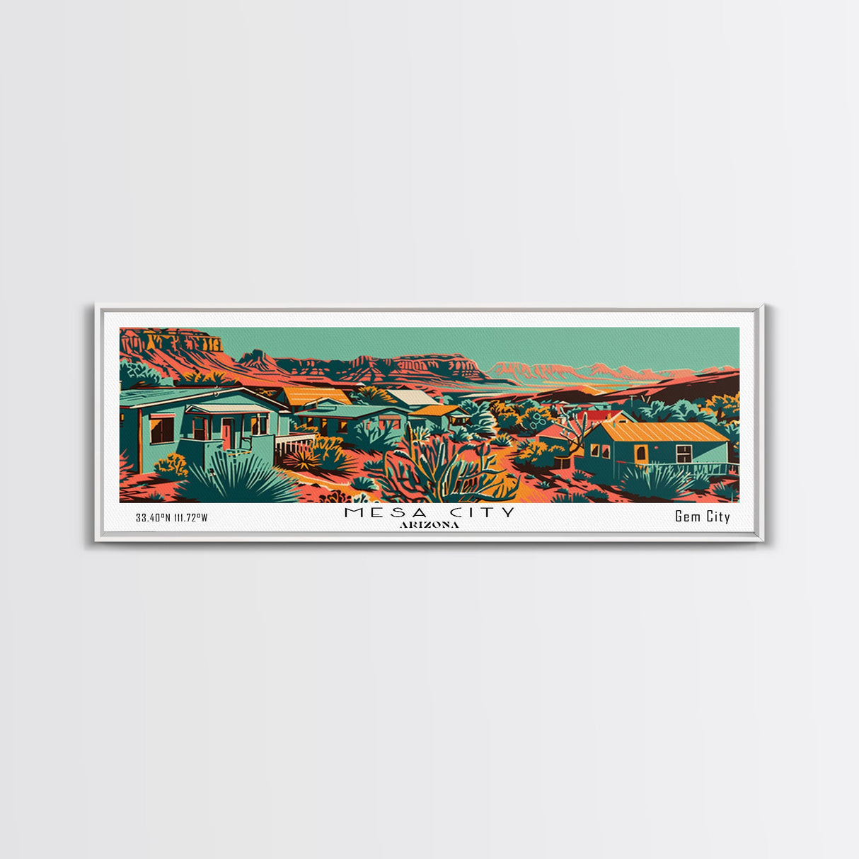 Mesa Arizona Panoramic Travel Poster Framed Canvas Print, Mid Century Modern Art, Pop Art Style, Wall Art, Home Decor, Office Wall Art