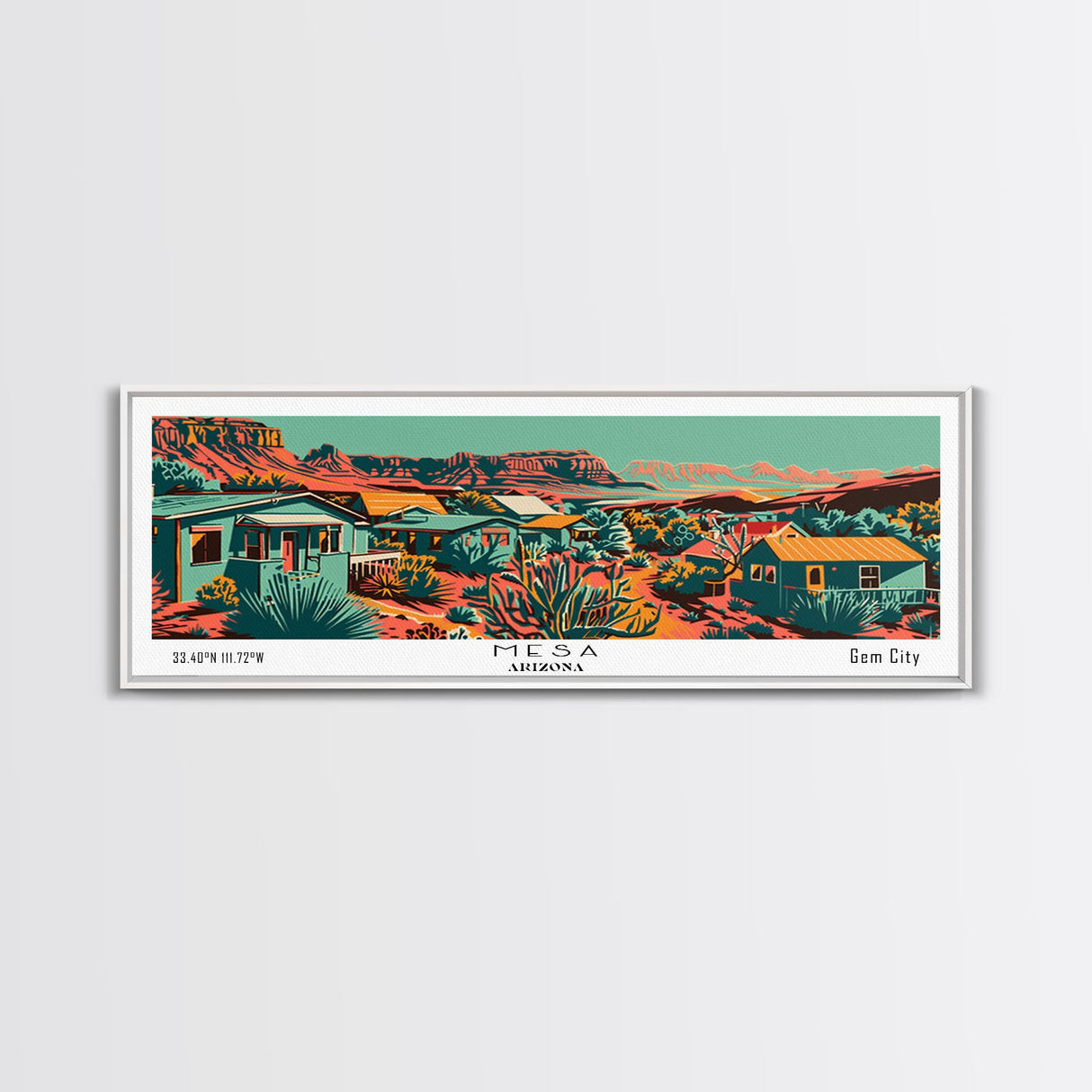 Mesa Arizona Panoramic Travel Poster Framed Canvas Print, Mid Century Modern Art, Pop Art Style, Wall Art, Home Decor, Office Wall Art