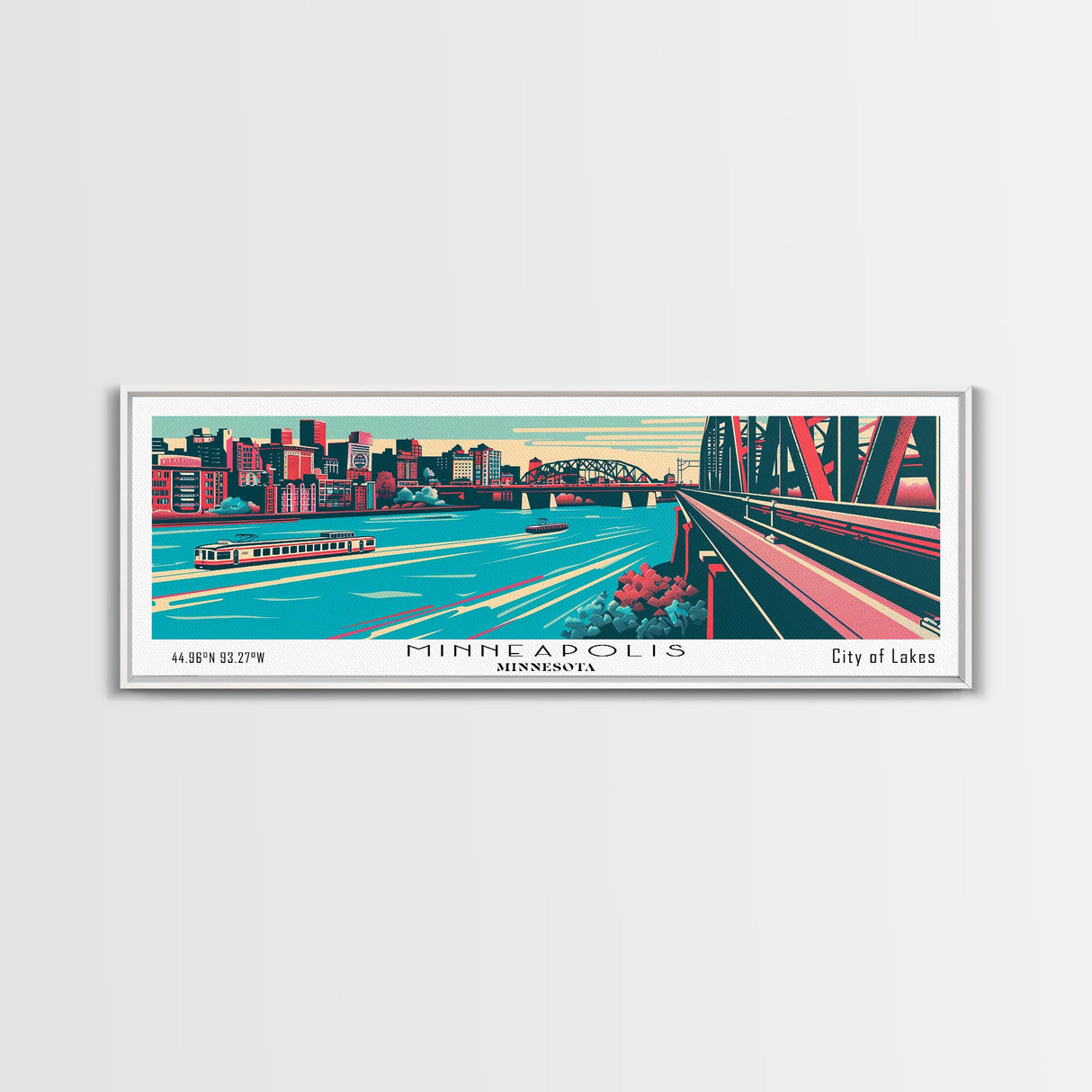 Minneapolis Minnesota Panoramic Wall Art Framed Canvas Print, Travel Poster, Mid Century Modern Art, Pop Art Style, Home Decor, Office Art