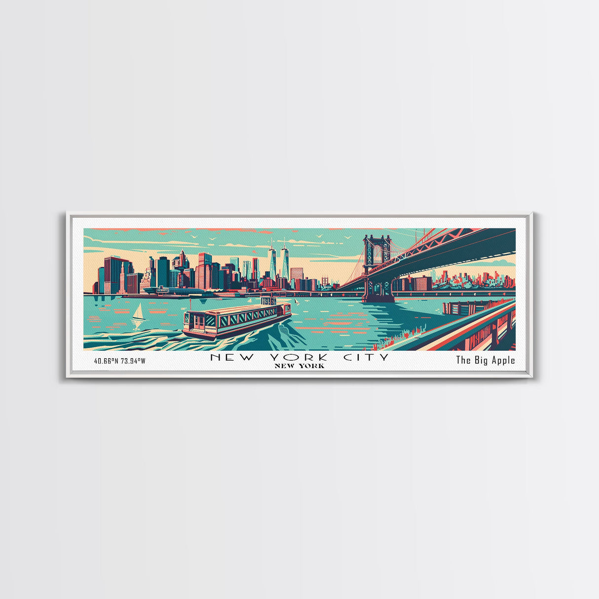 New York New York Panoramic Wall Art Framed Canvas Print, Travel Poster, Mid Century Modern Art, Pop Art Style, Wall Decor, Office Wall Art