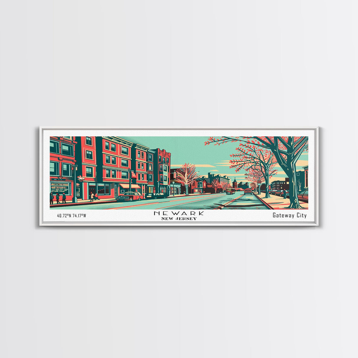 Newark New Jersey Panoramic Painting Framed Canvas Print, Travel Poster, Mid Century Modern Art, Pop Art Style, Wall Decor, Living Room Art