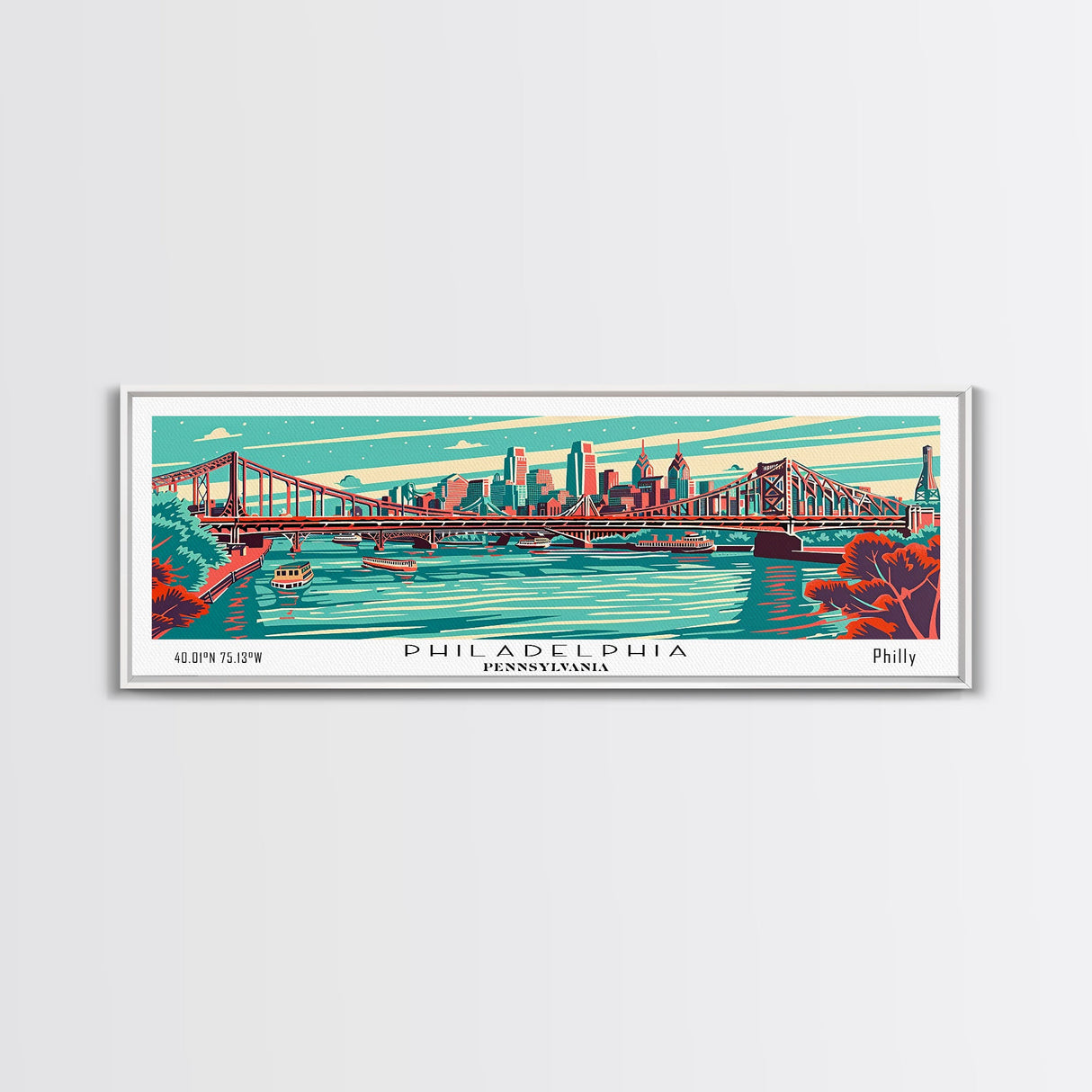 Philadelphia Pennsylvania Panoramic Travel Poster Framed Canvas Print, Mid Century Modern Art, Pop Art Style, Wall Art, Home Decor, Wall Hanging