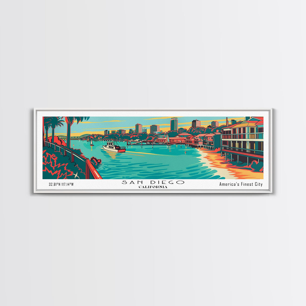 San Diego California Panoramic Painting Framed Canvas Print, Travel Poster, Mid Century Modern Art, Pop Art Style, Wall Decor, Living Room Art