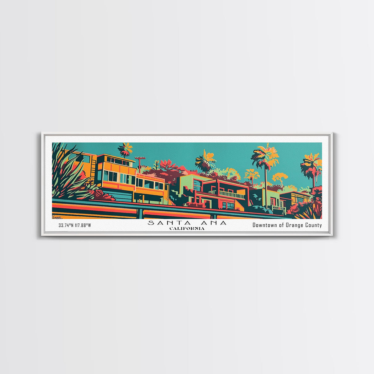 Santa Ana California Panoramic Wall Art Framed Canvas Print, Travel Poster, Mid Century Modern Art, Pop Art Style, Wall Decor, Office Wall Art