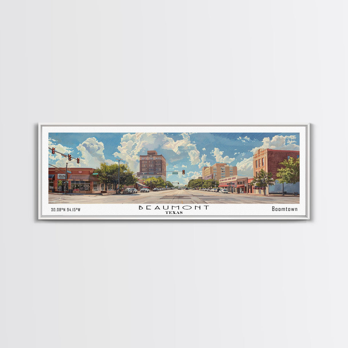 Beaumont Texas Panoramic Painting, Watercolor Framed Canvas Print, Scenic City Art, Travel Poster, Wall Hanging, Living Room Art, Gift Idea