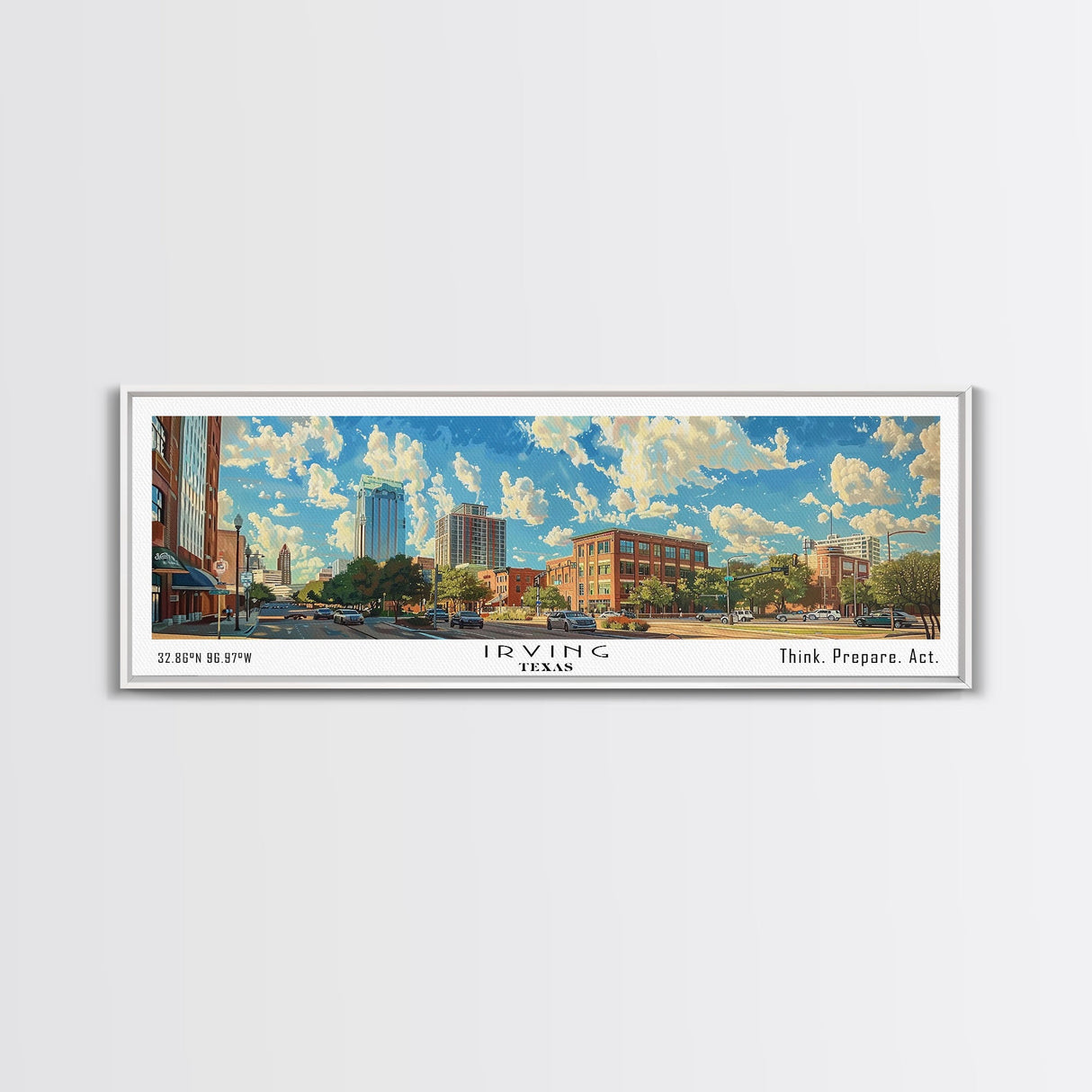 Irving Texas Panoramic Wall Art, Watercolor Framed Canvas Print, Urban Cityscape for Living Room, Travel Poster, Home Decoration