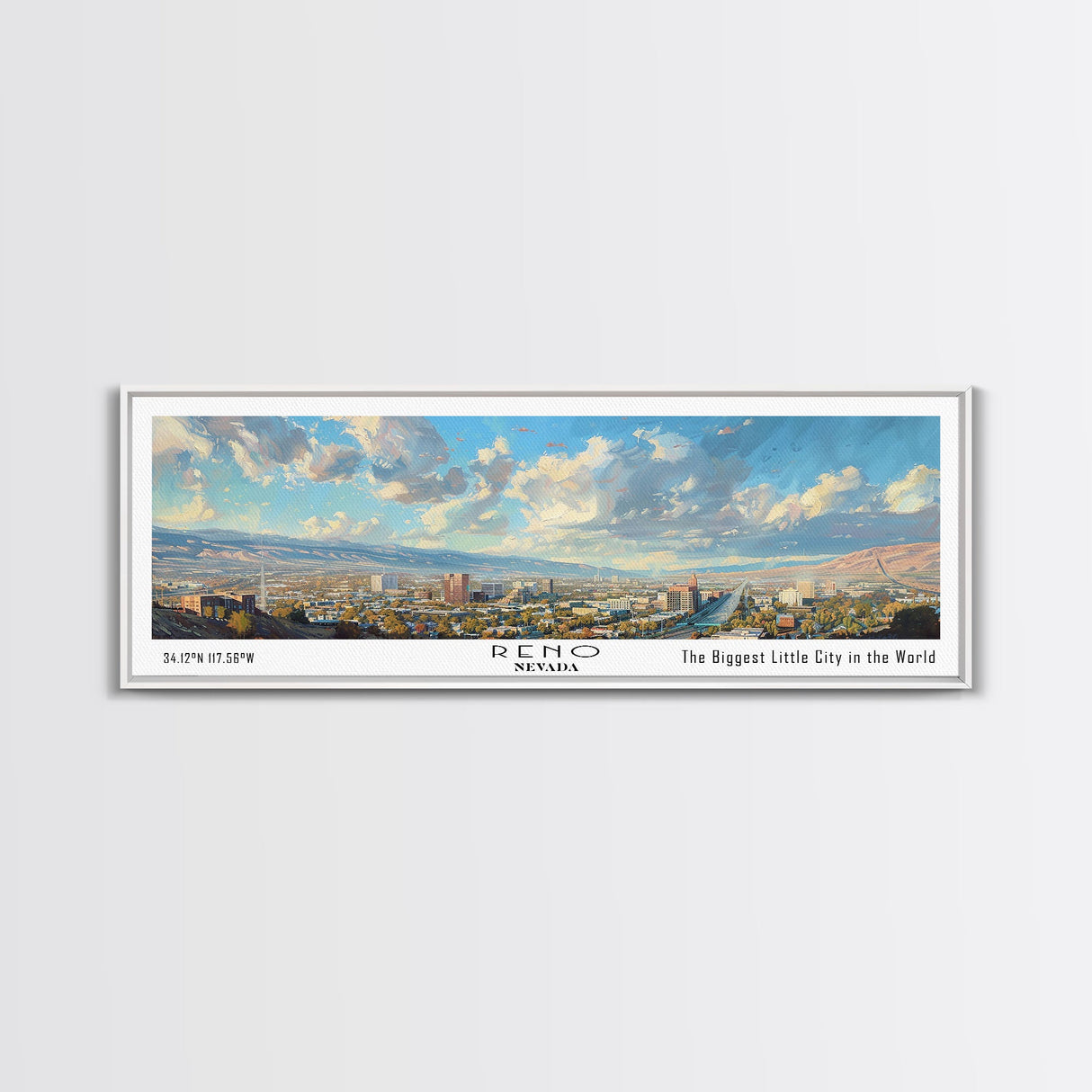 Reno Nevada Panoramic Print, Trendy Framed Canvas Print, City Travel Poster, Home Wall Art, Living Room Decoration, Unique Gift