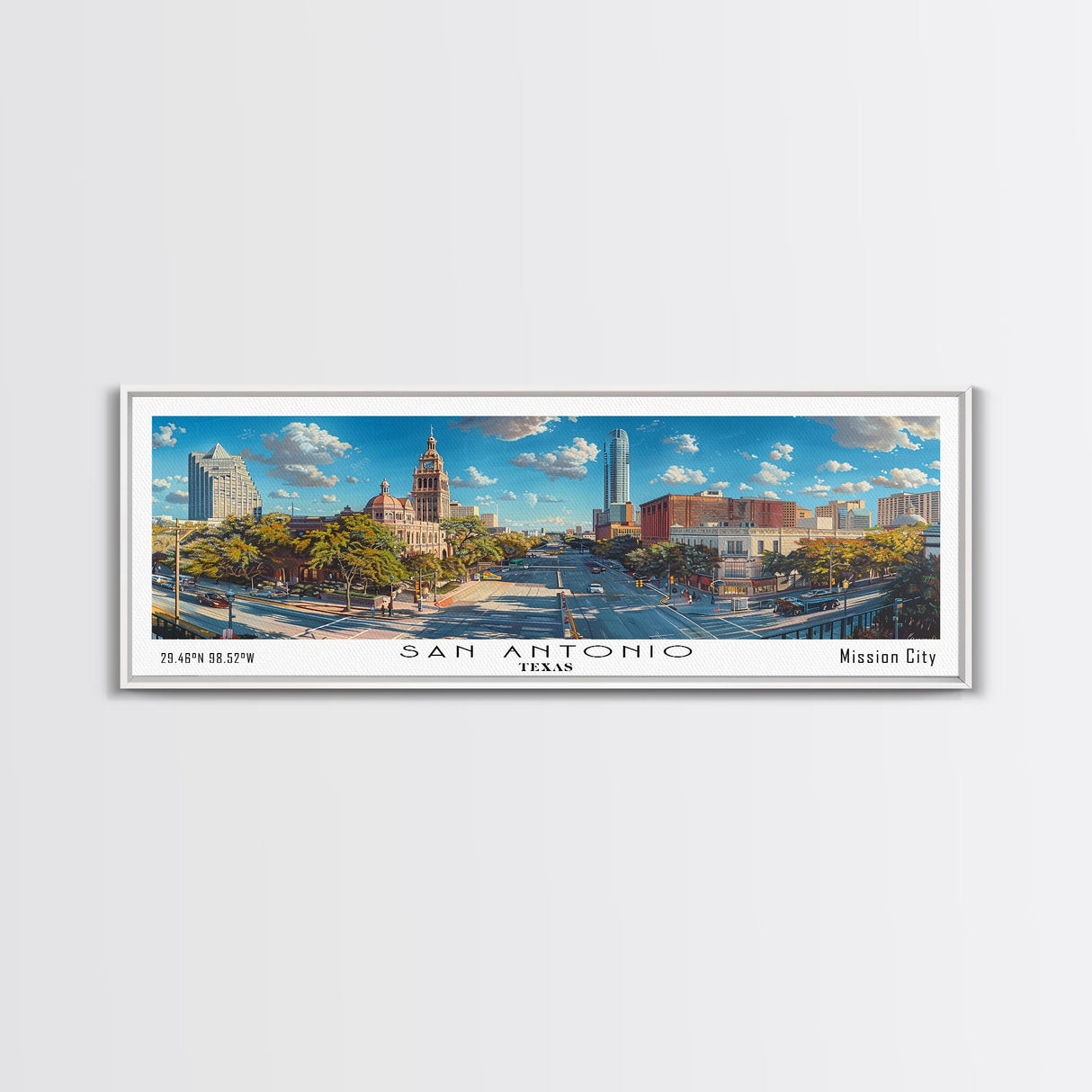 San Antonio Texas Panoramic Print, Trendy Framed Canvas Print, Travel Poster Art, Living Room Decor, Home Wall Art