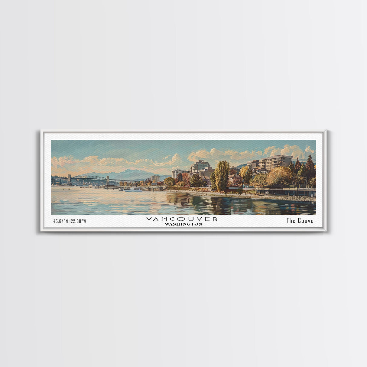 Vancouver Washington Panoramic Framed Canvas Print, Retro Style Wall Art, Unique Travel Poster, Artistic Living Room Decor, Office Gift Idea