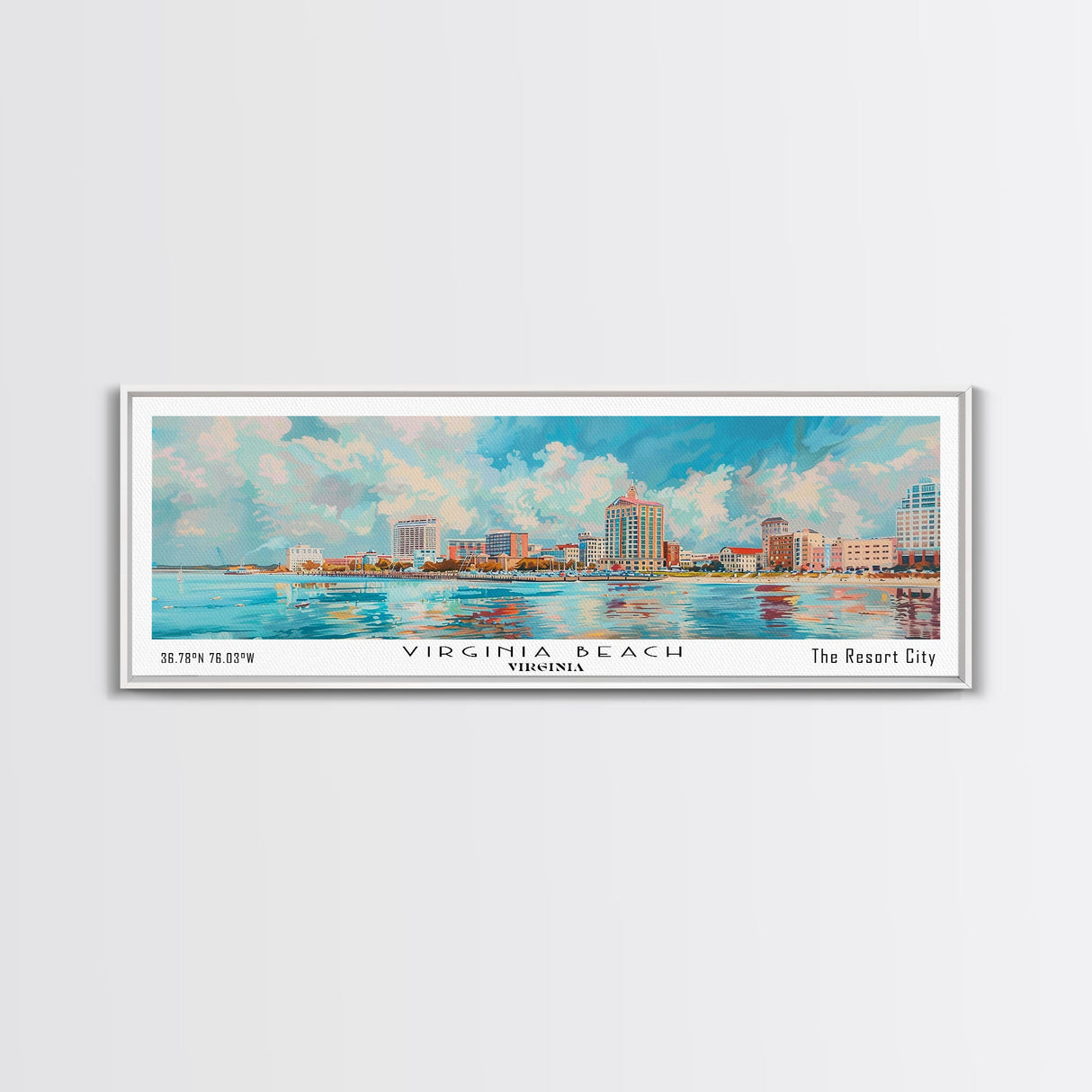 Virginia Beach Virginia Panoramic Painting, Framed Canvas Print, Retro Style Travel Poster, Unique Home Decor, Artistic Office Wall Art