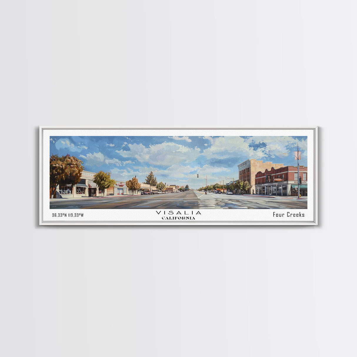 Visalia California Panoramic Framed Canvas Print, Retro Travel Poster, Artistic Wall Art, Unique Living Room Decor, Office Gift Idea, Original Artwork