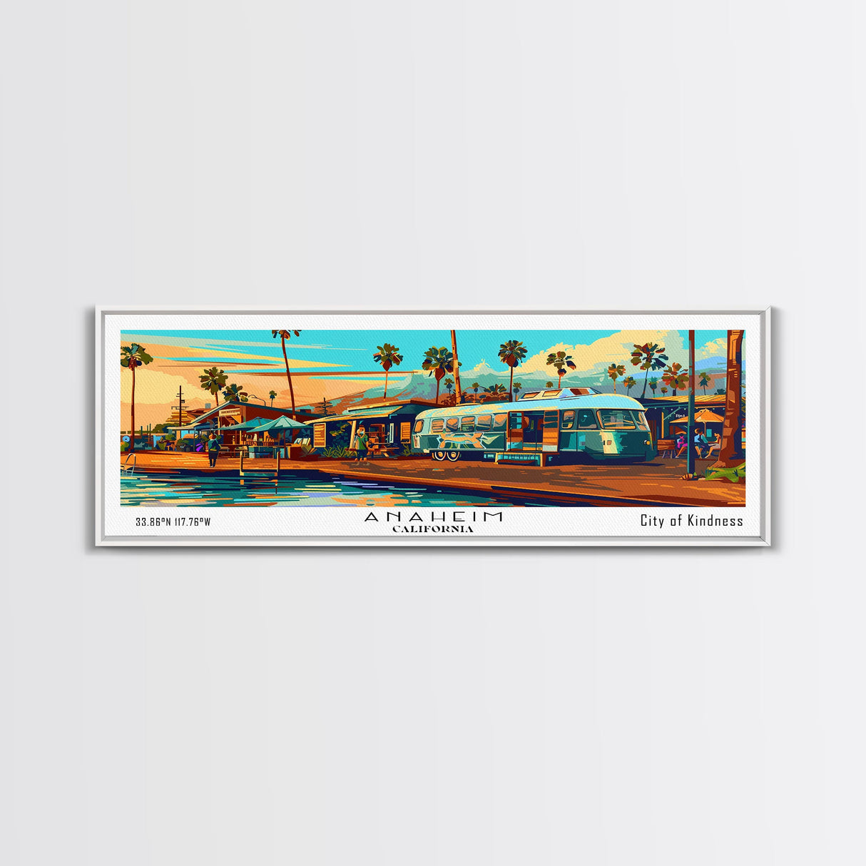 Anaheim California Panoramic Wall Art Framed Canvas Print, Mid Century Modern Art, Pop Art Style, Travel Poster, Home Decor, Retro Style