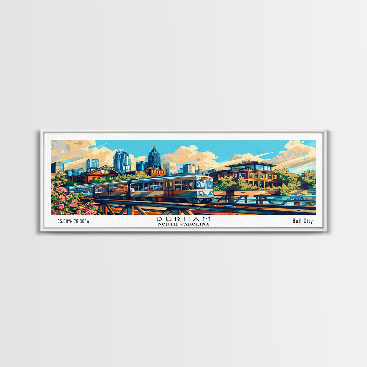 Durham North Carolina Panoramic Travel Poster Framed Canvas Print, Mid Century Modern Art, Pop Art Style, Wall Art Decor, Home Decoration