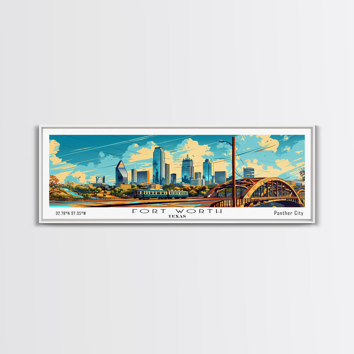 Forth Worth Texas Panoramic Painting Framed Canvas Print, Mid Century Modern Art, Pop Art Style, Travel Poster, Living Room Decor