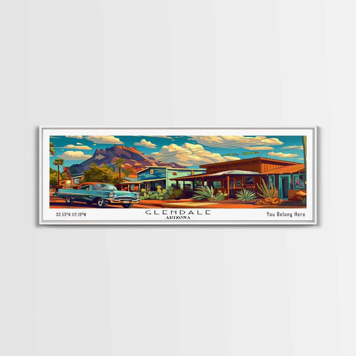 Glendale Arizona Panoramic Painting Framed Canvas Print, Mid Century Modern Art, Pop Art Style, Travel Poster, Wall Art Decor