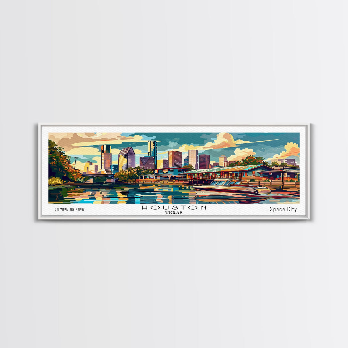 Houston Texas Panoramic Painting Framed Canvas Print, Mid Century Modern Art, Pop Art Style, Travel Poster, Wall Art Decor