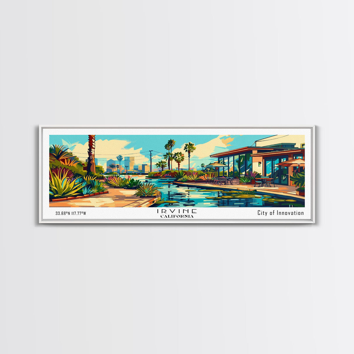 Irvine California Panoramic Travel Poster Framed Canvas Print, Mid Century Modern Art, Pop Art Style, Wall Art Decor, Home Decoration