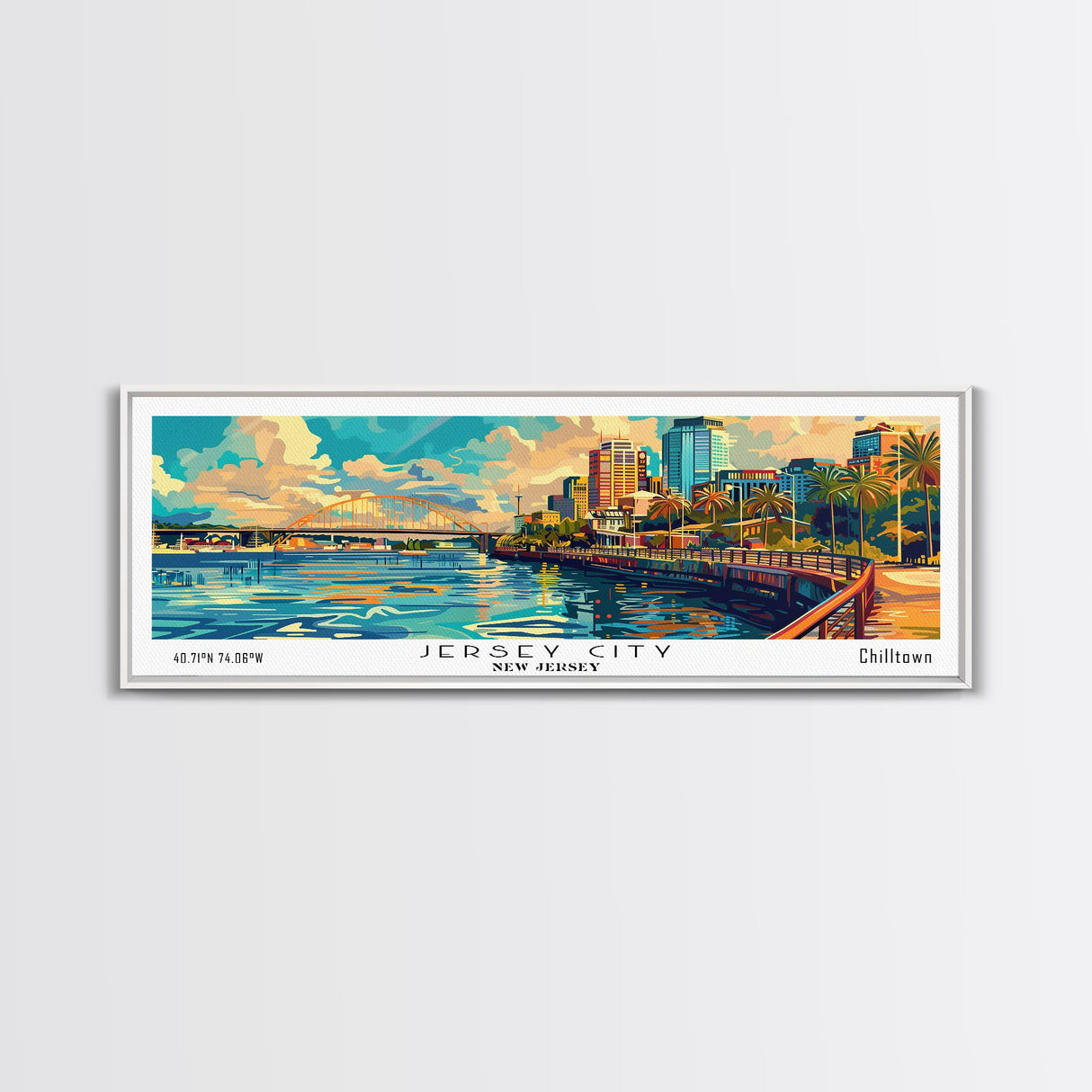 Jersey City New Jersey Panoramic Framed Canvas Print, Retro Style Wall Art, Mid Century Modern Home Decor, Pop Art Travel Poster