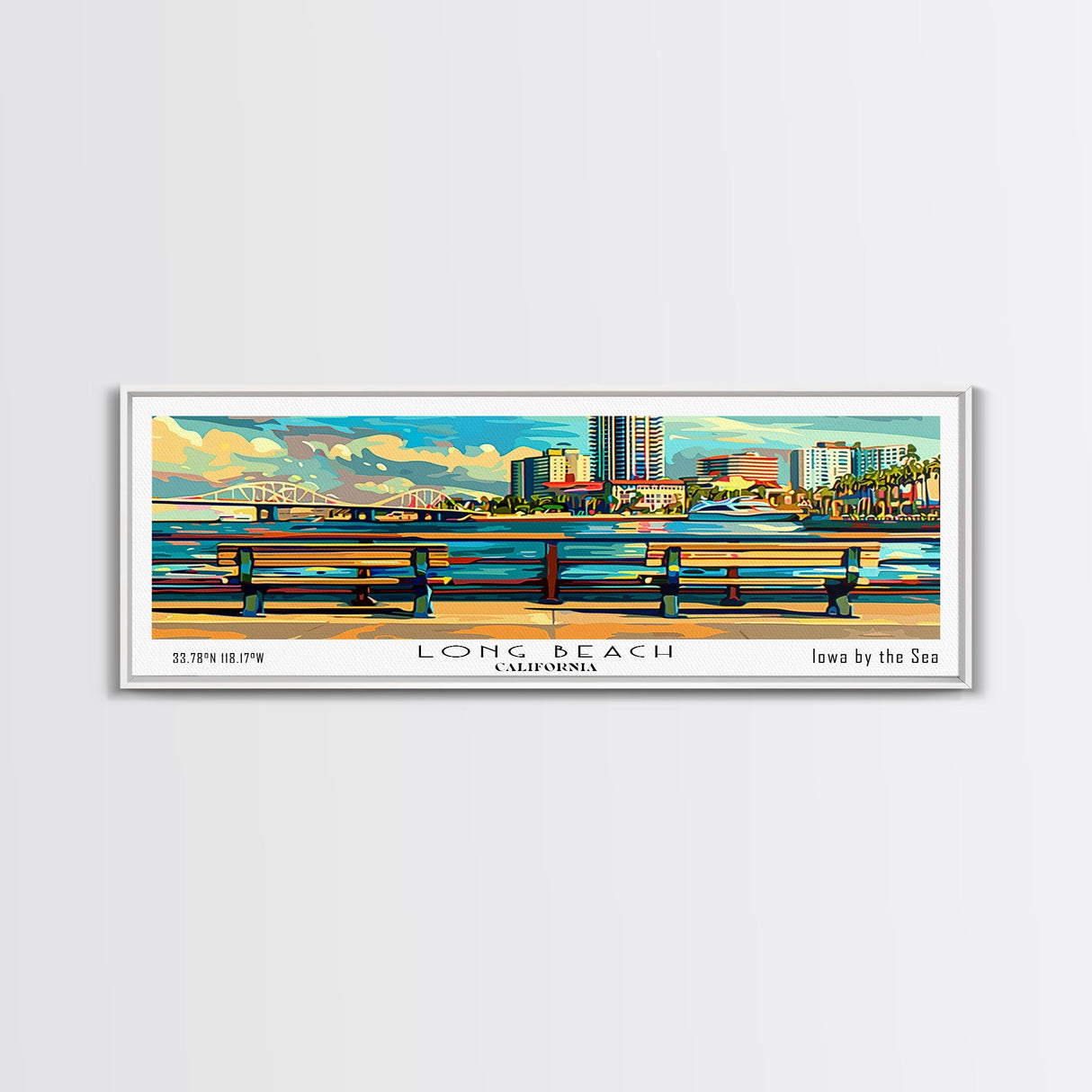 Long Beach California Panoramic Painting, Retro Style Framed Canvas Print, Mid Century Modern Wall Art, Pop Art Travel Poster