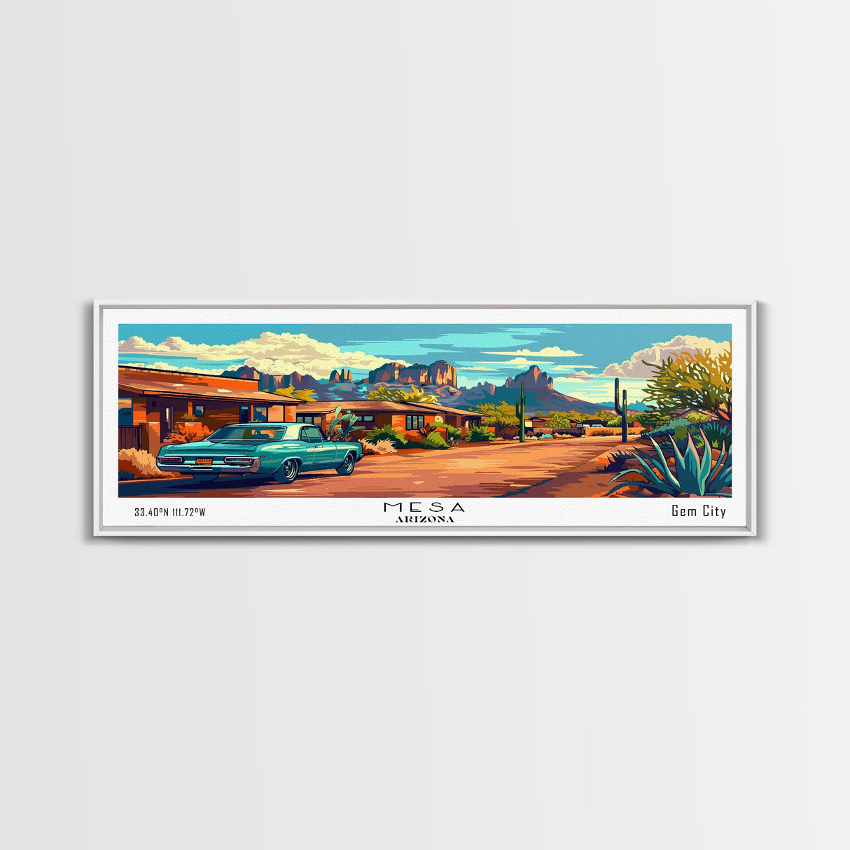 Mesa Arizona Panoramic Painting, Mid Century Modern Framed Canvas Print, Retro Style Wall Art, Pop Art Travel Poster