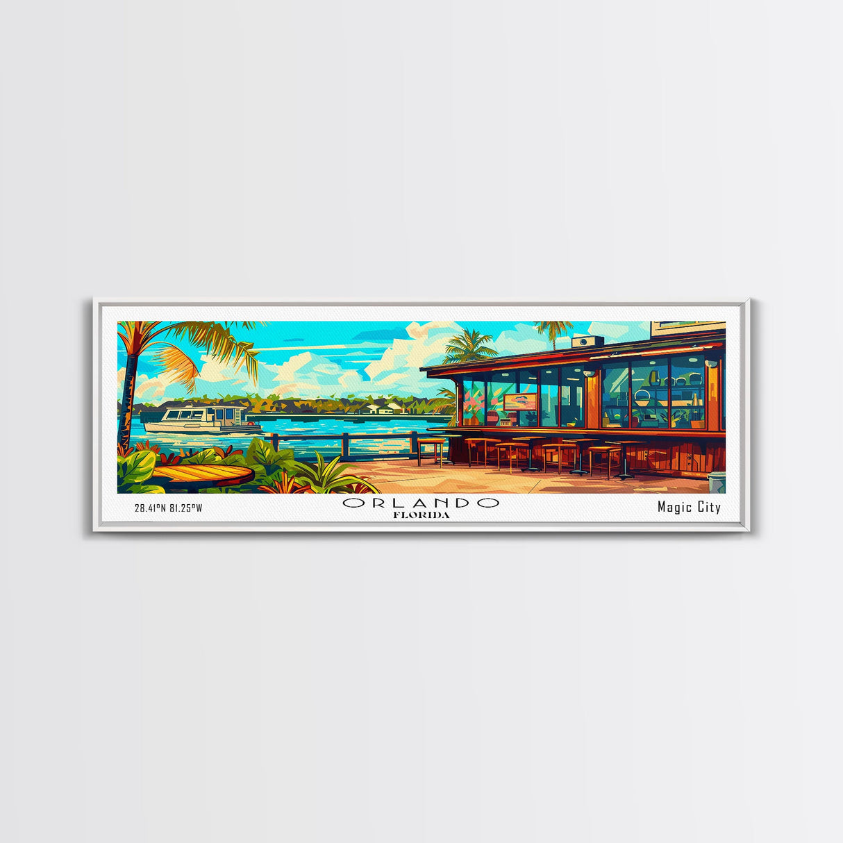 Orlando Florida Panoramic Wall Art, Mid Century Modern Framed Canvas Print, Retro Pop Art Travel Poster, Home Decor