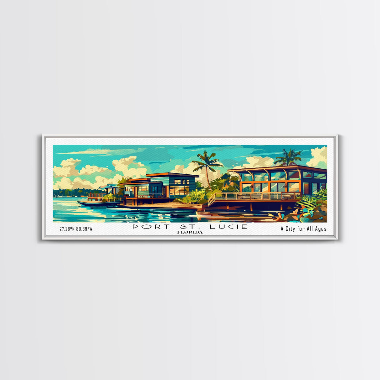 Port St. Lucie Florida Panoramic Framed Canvas Print, Retro Style Wall Art, Mid Century Modern Home Decor, Pop Art Travel Poster