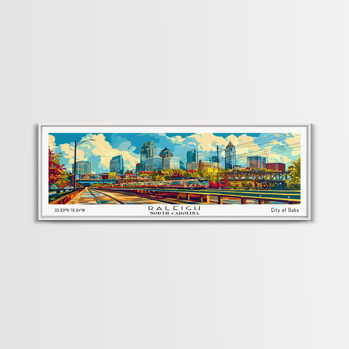 Raleigh North Carolina Panoramic Painting, Mid Century Modern Framed Canvas Print, Pop Art Wall Hanging, Retro Travel Poster