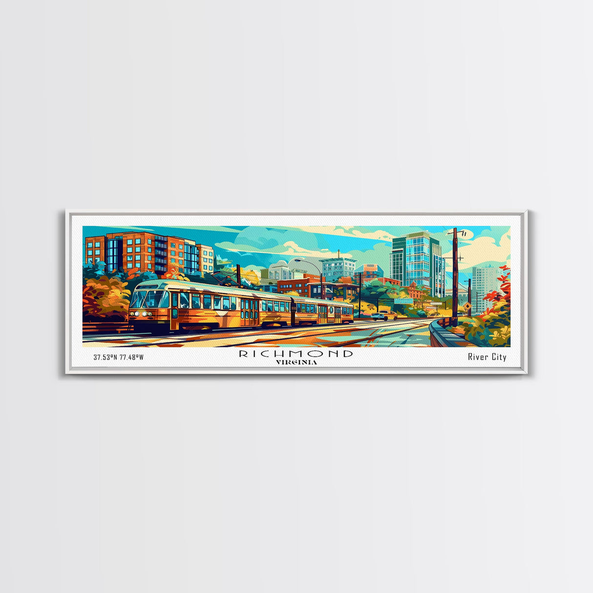 Richmond Virginia Panoramic Wall Art, Pop Art Framed Canvas Print, Mid Century Modern Home Decor, Retro Style Travel Poster