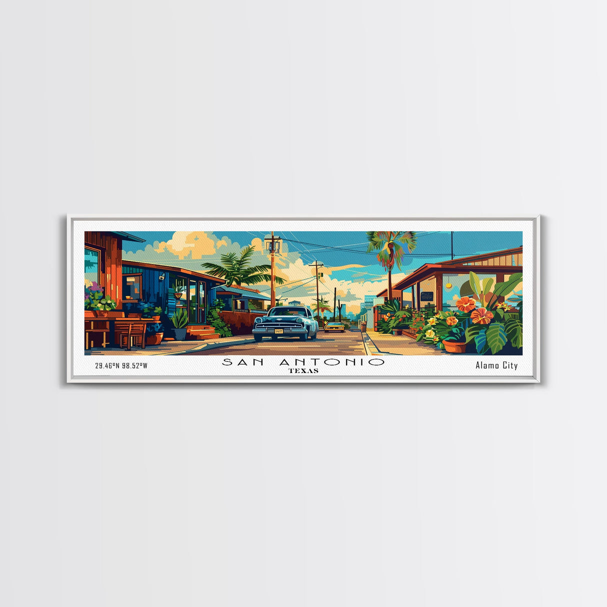 San Antonio Texas Panoramic Wall Art, Mid Century Modern Framed Canvas Print, Retro Pop Art Travel Poster, Home Decor