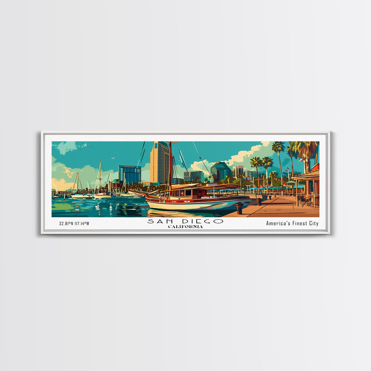 San Diego California Panoramic Painting, Retro Style Framed Canvas Print, Mid Century Modern Wall Art, Pop Art Travel Poster