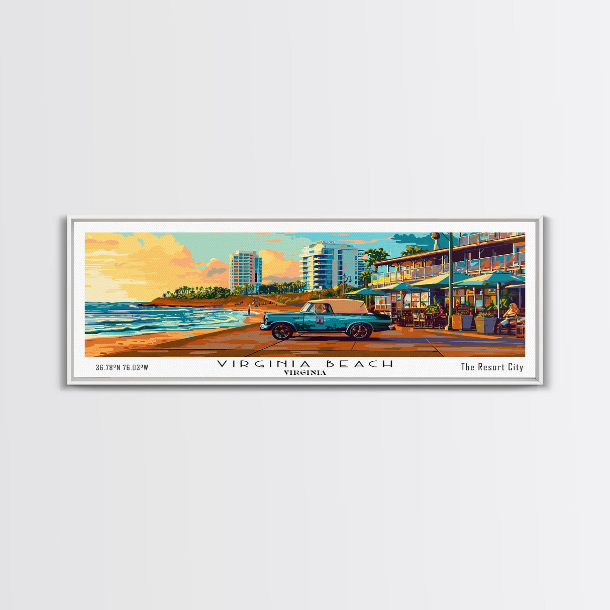 Virginia Beach Virginia Panoramic Wall Art, Mid Century Modern Framed Canvas Print, Retro Pop Art Travel Poster, Living Room Decor