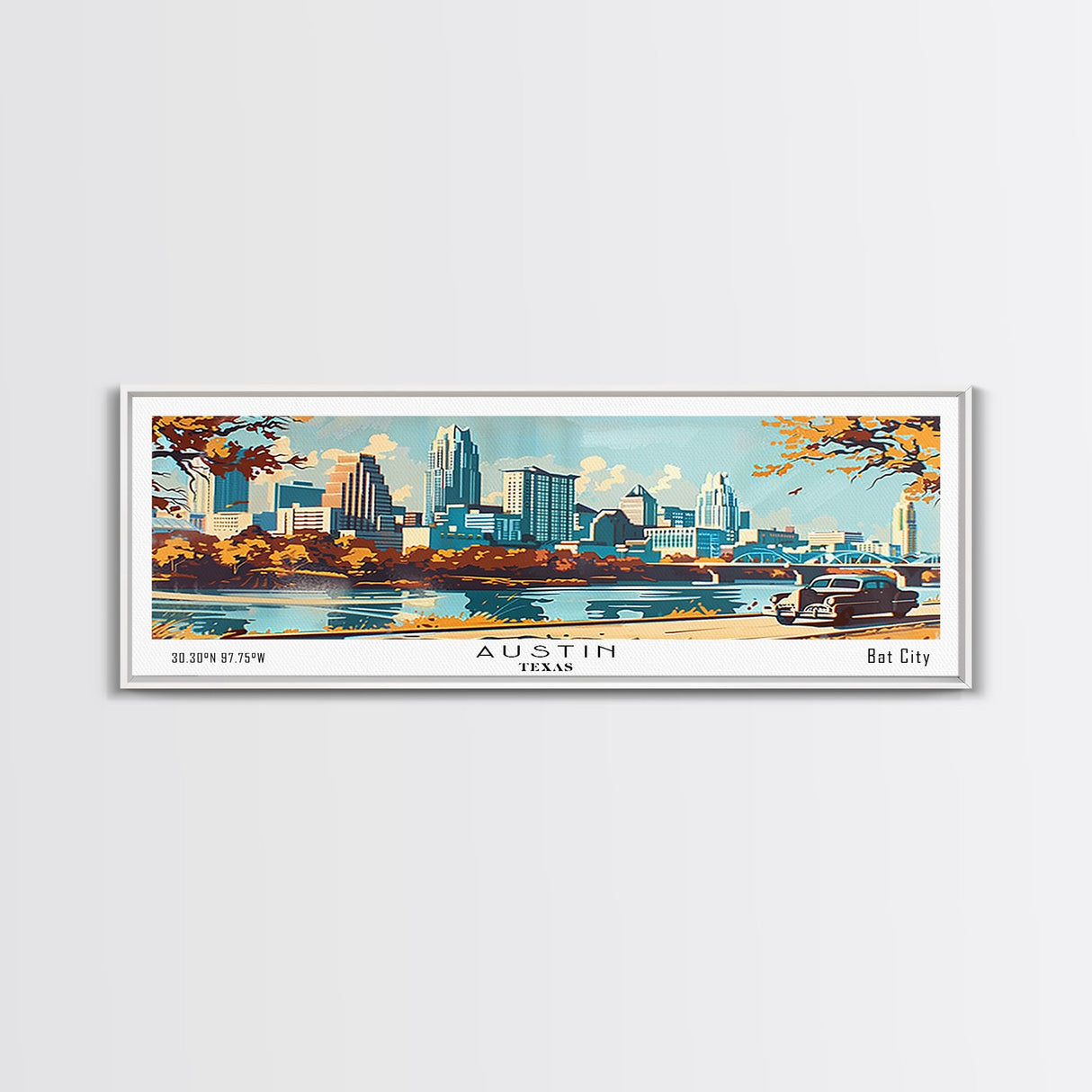 Austin Texas Panoramic Painting, Mid Century Modern Framed Canvas Print, Retro Pop Art Travel Poster, Wall Art, Home Decor, Office Art, Gift Idea