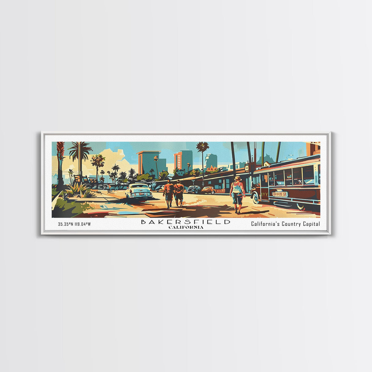 Bakersfield California Panoramic Wall Art, Mid Century Modern Framed Canvas Print, Retro Pop Art Travel Poster, Office Wall Art, Living Room Decor